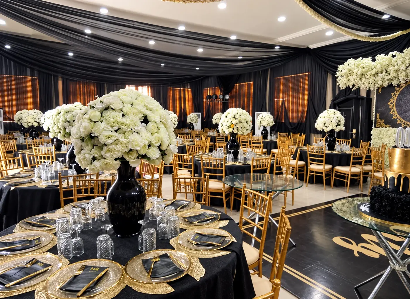Black and gold banquet setting at Admiralty Conference Centre, Victoria Island